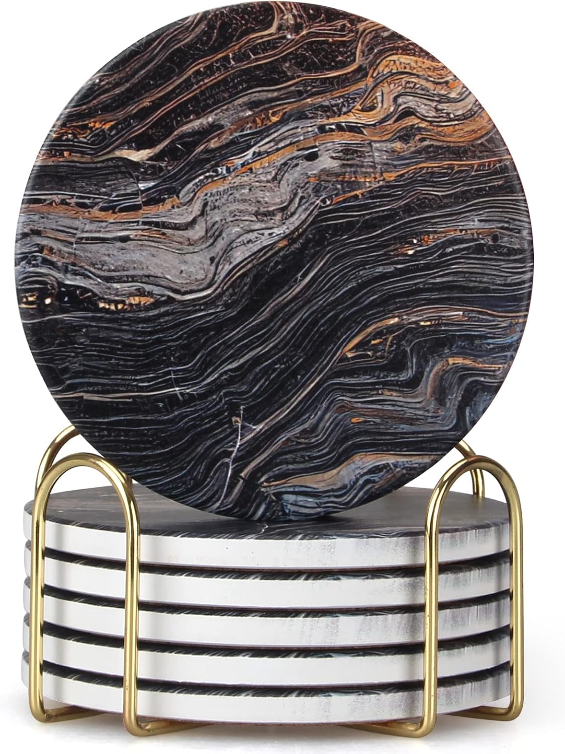 White Marble Style Ceramic Coasters Set of 6 with Holder Round Modern Coffee Table Decor Drink Coaster Gifts Absorbent Stone Coasters for Rustic Farmhouse Bar