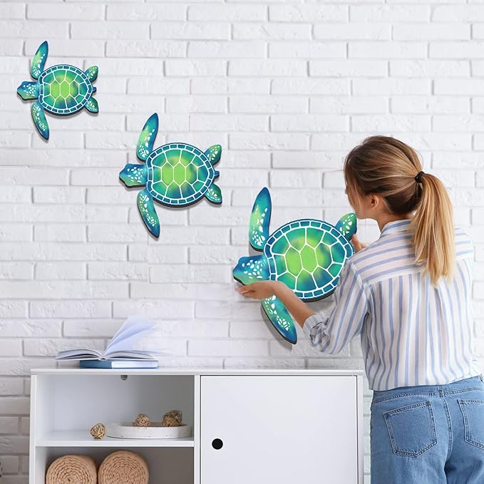 Bucherry 3 Sizes Wooden Sea Turtle Wall Decor Turtle Wall Art Beach Theme Art Decorations Vintage Coastal Ornaments for Pool Home Lake House Bathroom Garden Indoor Outdoor(Blue Green)