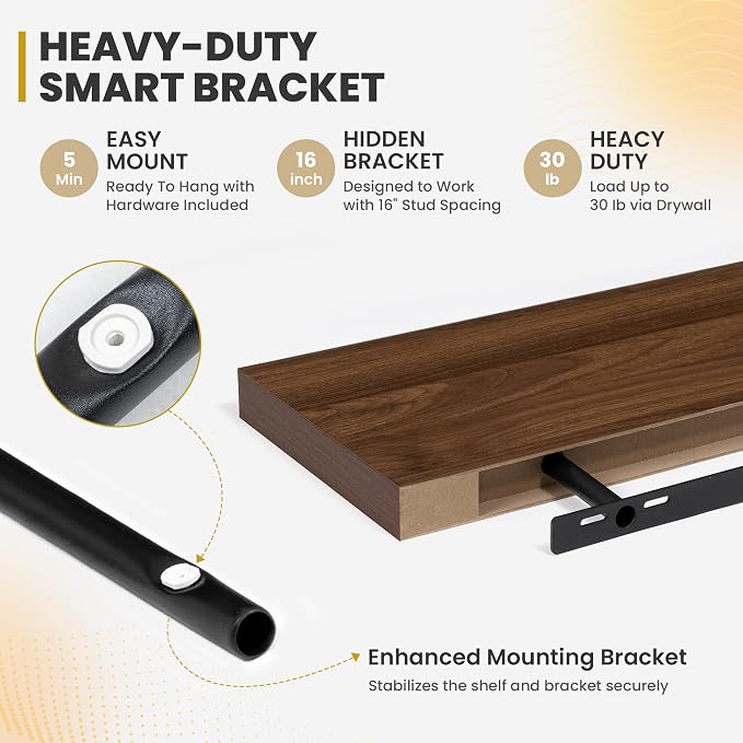 Acovy 16 Inch Floating Shelves, 9.3" Deep Floating Shelf Wall Mounted, 16" Wall Shelves, Rustic Deep Bookshelf, Large Display Shelves & Storage Shelves for Bedroom, Living Room, Walnut, Set of 2