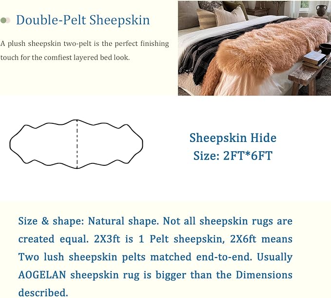 Fluffy Genuine Sheepskin Rug, Fuzzy Shaggy Fur Area Rug, Soft Fur Prayer Pup Mat Carpet, Chair Sofa Seat Cover, Bedroom, Living Room Double Pelts (Light Brown, 2x6ft)