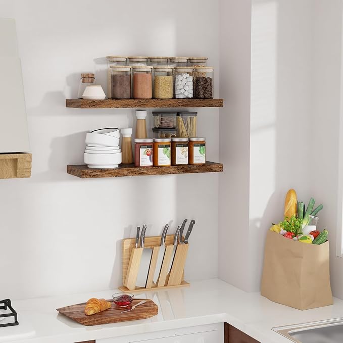 Floating Shelves for Wall, 24 inch Wall Shelves 9.3in Deep Wooden Shelves for Book, Living Room, Bathroom, Kitchen, Office, Rustic Brown Farmhouse Shelves, 24 x 9.3 x 1.5 in, 2 Packs