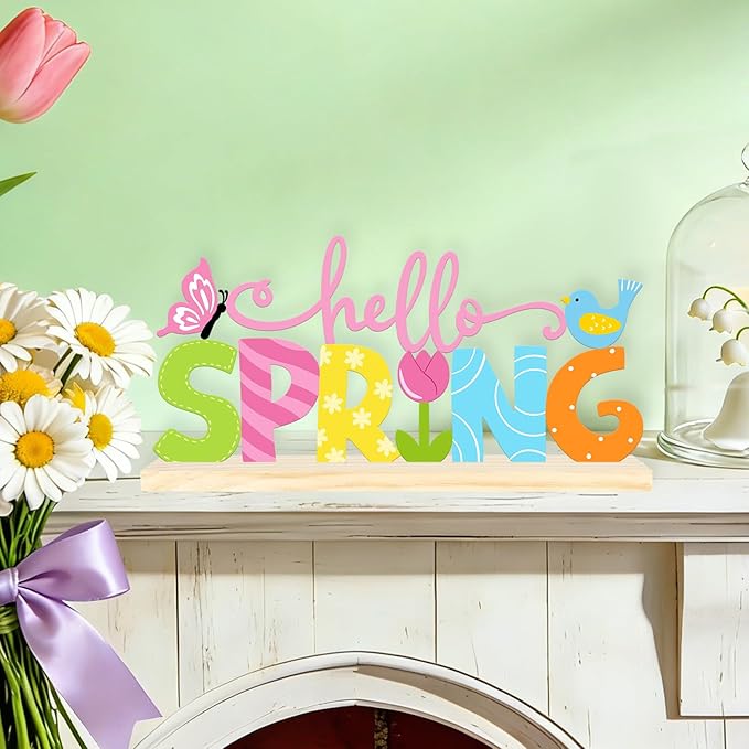 Metal Hello Spring Table Sign, Hello Spring Tabletop Decoration with Wood Base, Springs Table Centerpiece Decor for Home, Office, Shelf, Indoor, Mantel Party Supplies