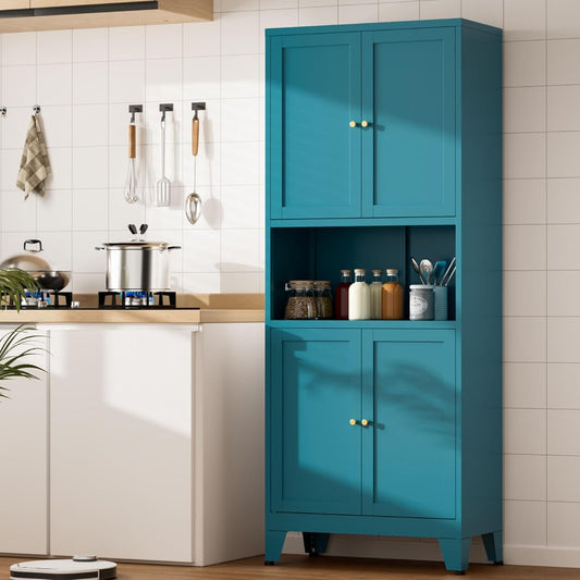 69" Tall Kitchen Pantry Cabinet, Metal Storage Cabinet with 4 Doors and Adjustbale Shelves, Freestanding Cupboards for Dining Room, Living Room, Bathroom
