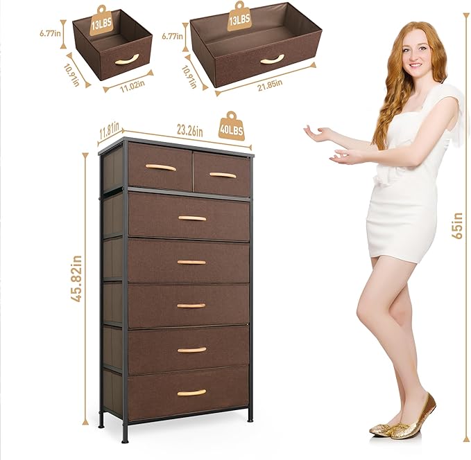 Mifuro Tall Dresser for Bedroom, Vertical Storage Organizer Tower with 7 Drawers, Chest of Drawers with Fabric Bins, Steel Frame, Wood Top for Bedroom, Closet, Entryway- Brown