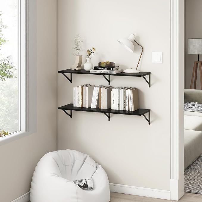 Fun Memories 40 Inch Floating Shelves, 12 Inch Deep Wall Shelf, 40 x 12 Floating Shelf Set of 2, Black Wood Floating Shelf Wall Mounted, Large Kitchen Living Room Bedroom Storage Shelves