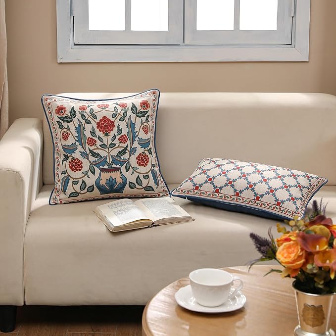 patdrea Designer French Vintage Linen Throw Pillow Cover,18"x18"-Puno B | Elegant Decorative Pillow Case with Zipper,Elegant Floral Pattern,Pillow Cover for Couch Living Room Bedroom Sofa