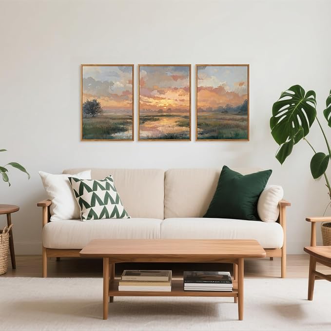 TOARTi Large Framed Abstract Sunset Landscape Canvas Wall Art,Nature Sunset Scenery Painting Wall Decor, Watercolor River Grassland Art Prints for Farmhouse Home Living Room Bedroom Office-16”x24”x3