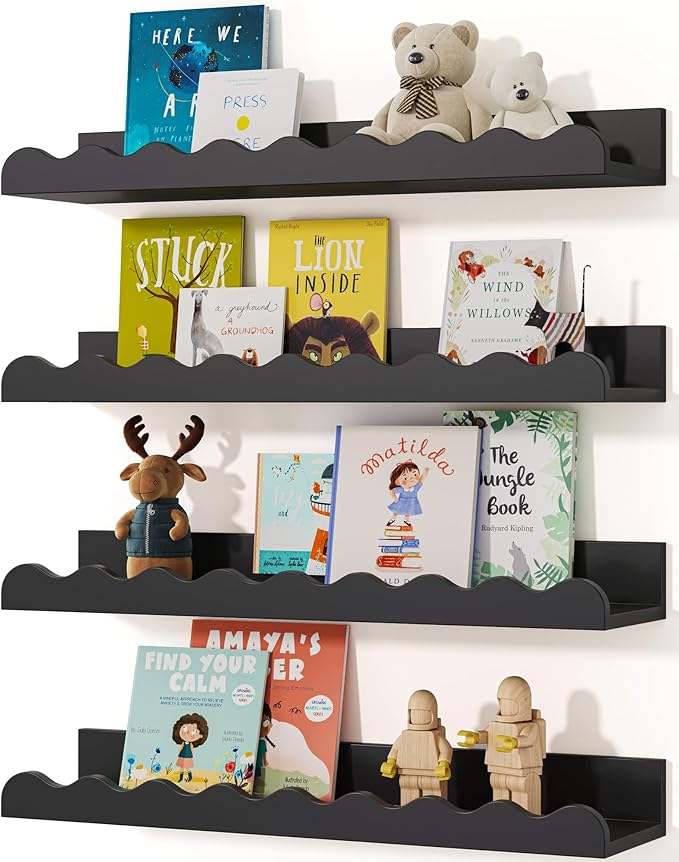 Seocry Kids' Bookshelf Set of 4 - Black Floating Nursery Book Shelves, Picture Ledge Shelf for Wall Decor and Storage - Perfect for Books, Toys, Photo Frames, and Nursery Décor