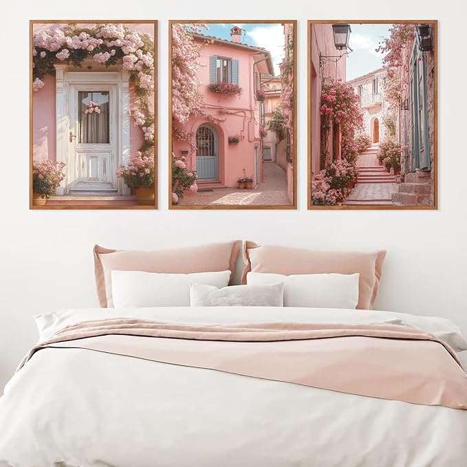 LHIUEM Vintage Italy City Landscape Framed Canvas Wall Art,Pink Flowers Street Romantic House Wall Decor,Malta Modern Natural Romance Country Artworks for Living Room,Bedroom,Office 16"X24"X3