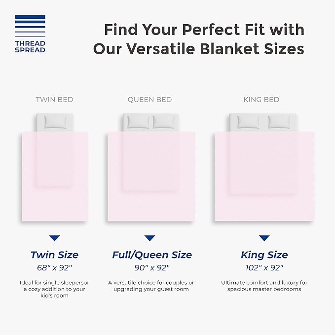 THREAD SPREAD Organic GOTS Cotton Blanket, Full/Queen - 350 GSM, Antistatic, Fuzzy Soft, Lightweight, Sofa, Camping & Travel, Perfect Herringbone All Seasons Throw, Blush + Stylish Bonus Tote Bag