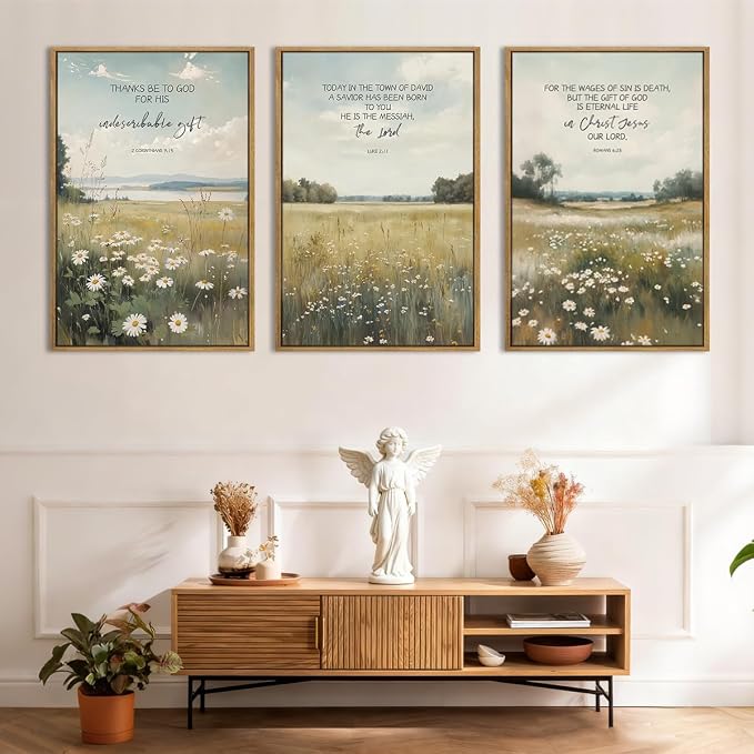 Anyzal Extra Large Framed Christian Wall Art 24x36 Inch Easter Bible Verse Canvas Artwork Scripture Wildflower Landscape Wall Decor for Living Room Bedroom Dining Room Set of 3