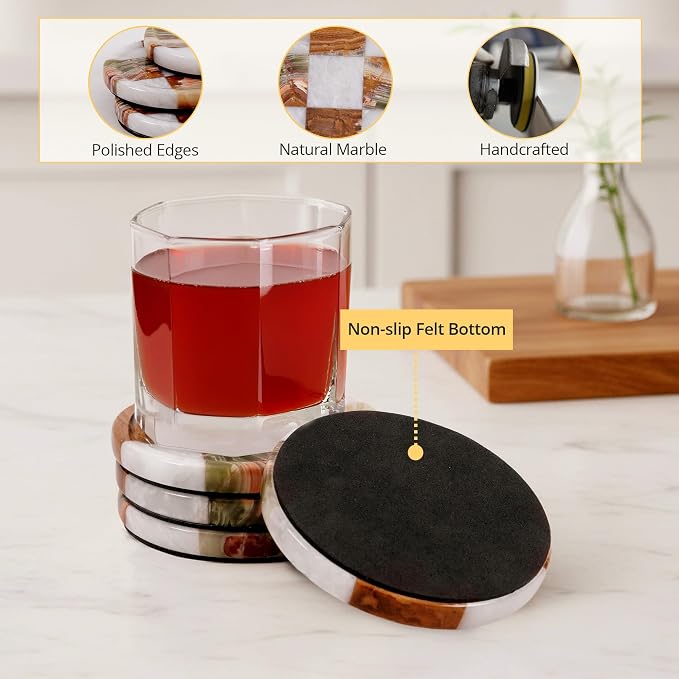 Marble Coasters Set of 4, White & Green Onyx Handmade 4 inch Round Stone Coaster, Decorative Cup Coaster Plates for Dining Table, Housewarming Gift & Luxury Kitchen Accessories