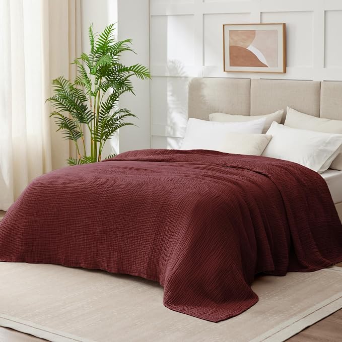 100% Cotton Muslin Blanket Twin 60" x 80", Breathable and Lightweight Cotton Twin Blankets for Couch, Soft Cooling Summer Gauze Blanket for Adults All Season, Burgundy