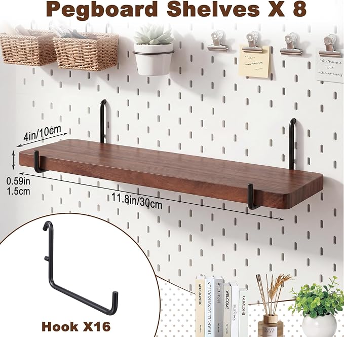 Novabright 8 Pcs Walnut Color Pegboard Shelves Set with Metal Brackets Hooks 11.8 x 4'' Wall Wooden Pegboard Shelving Heavy Duty Accessories for Crafts Office Garage, Compatible with IKEA Skadis