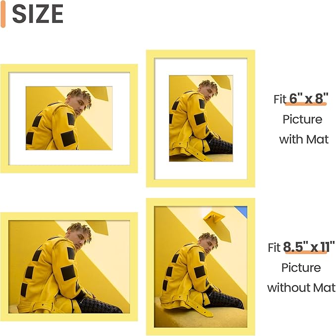 upsimples 8.5 By 11 Picture Frame, Display Pictures 6x8 with Mat or 8.5 x 11 Without, Wall Hanging Photo Frames, Yellow, 1 Pack
