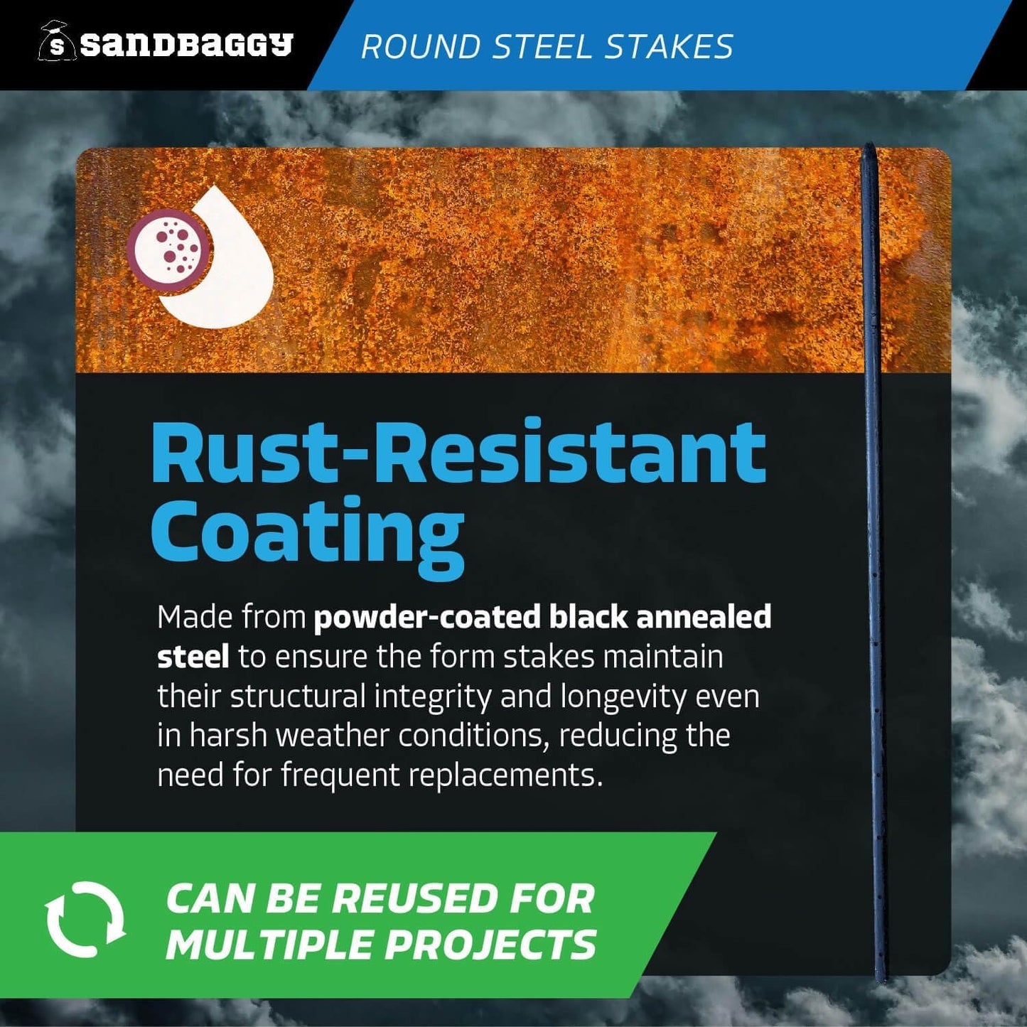 Sandbaggy Round Steel Concrete Form Stakes with Nail Holes - Rust Resistant Coating - Removable, Reusable (50, 3/4 in X 36 in)