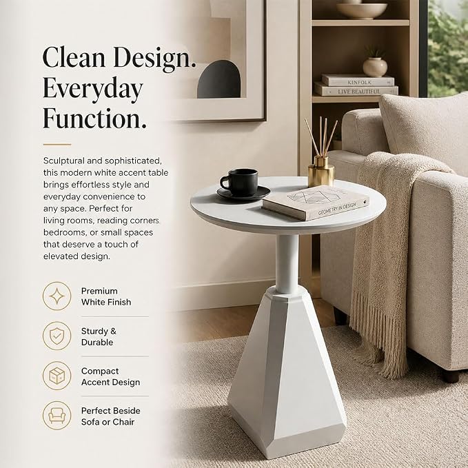 Round Wood Side Table, Coffee Nightstand Cocktail Drink Modern Accent Circle End Table, Wood Pedestal Base for Living Room, Bedroom, Small Spaces, Offices, Ivory