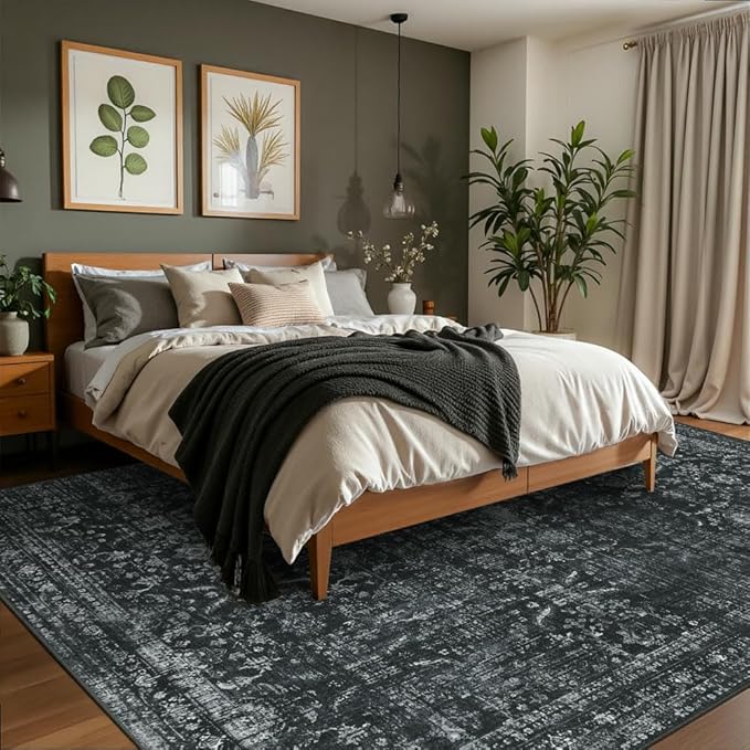 Rugxara 5x7 Area Rugs for Living Room Bedroom, Washable Rug, Black Vintage Floral Boho Rug, Non Slip & Low Pile Faux Wool Thin Carpet for Indoor Dining Room and Kids Room(Black 5x7ft)