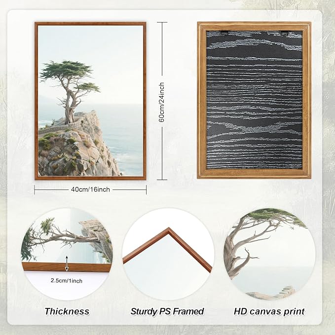 LHIUEM Coastal Seascape Framed Canvas Wall Art,Modern Beach Wall Decor,Neutral Pine Tree Painting,Natural Ocean Artwork for Living Room,Bedroom,Dining Room -16"x24"x3