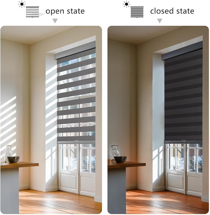 AOSKY Cordless Zebra Blinds for Windows Pull Down Roller Window Shades Dual Layer Light Filtering Privacy for Day and Night, Free-Stop Door Shades for Home Easy to Install (32.5" W X 72" H，Grey)