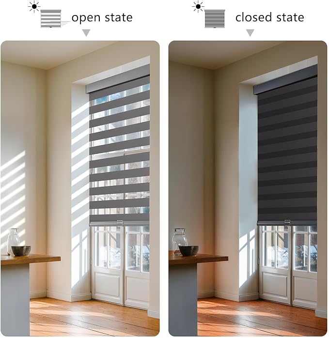 AOSKY Cordless Zebra Blinds for Windows Pull Down Roller Window Shades Dual Layer Light Filtering Privacy for Day and Night, Free-Stop Door Shades for Home Easy to Install (36.5" W X 72" H，Grey)