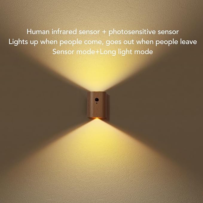 gernie 2Pcs Motion Sensor Night Light, USB Rechargeable Magnetic Wall LED Light Wooden Motion Sensor Stairway Night Light for Bathroom, Hallway, Stairs, Bedroom, Kitchen
