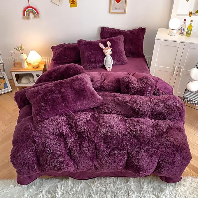 chovy Faux Fur Plush Grape Purple Comforter Sets King - Ultra Soft Shaggy Flannel Velvet Fluffy Fuzzy 3PC Bedding Set （Comforter x 1 Pillowcases x 2）
