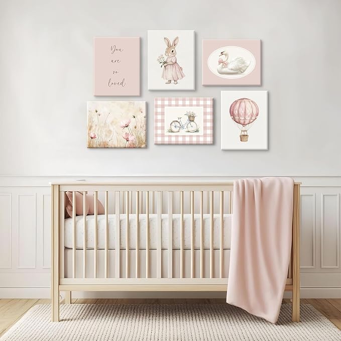 Pink Nursery Wall Art Decor Baby Girl Room Pictures Vintage Nursery Canvas Wall Decor Bunny Prints Floral Swan Poster Cute Rabbit Painting Artwork for Toddler Girls Bedroom 12x16x6 Inch Wrapped Canvas