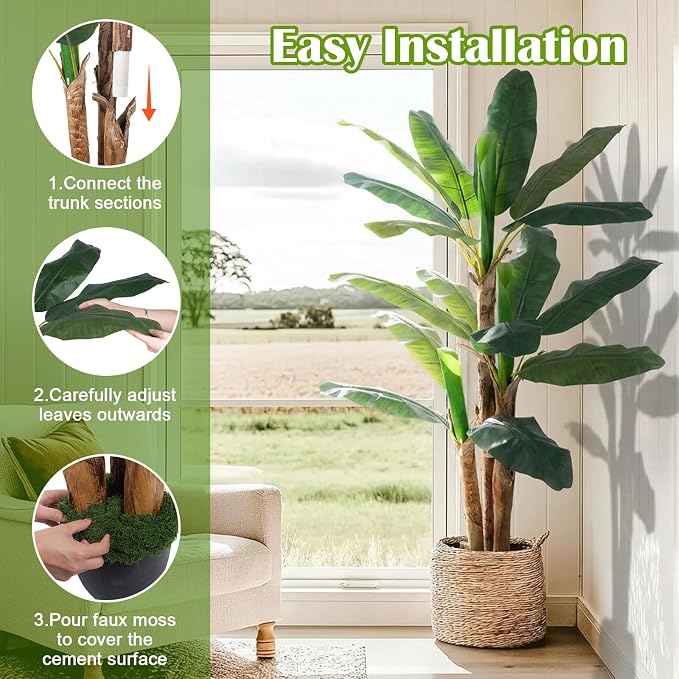 6FT Banana Tree Artificial Plant Fake Banana Leaf Plant Faux Tropical Plants Large Fake Plants Indoor in Black Pot for Living Room Bedroom Office Patio Balcony Home Decor (with Faux Moss)