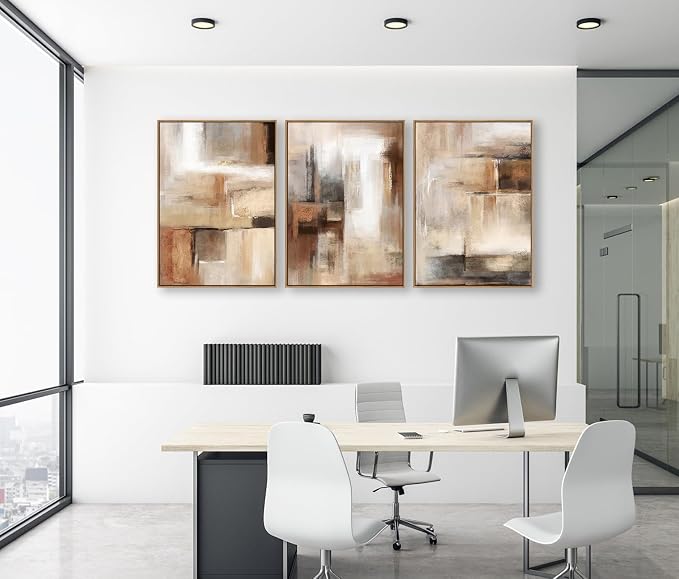 Large Framed Canvas Wall Art - Natural Float Framed Brown Abstract Pictures for Living Room Decor Modern Black Abstract Painting Artwork Prints for Bedroom Kitchen Home Office Decor 60" X 28" Set of 3