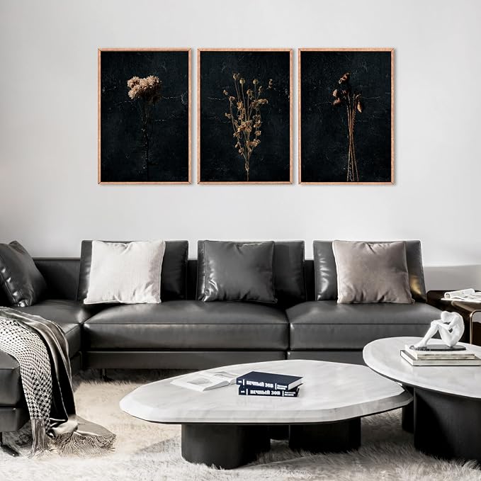 Ausril Moody Dark Orange Floral Framed Canvas Wall Art Set, Minimalist Wildflower Wall Decor, Black Flower Botanical Wall Painting, Modern Art Print for Living Room, Bedroom, Office 16"x24"x3