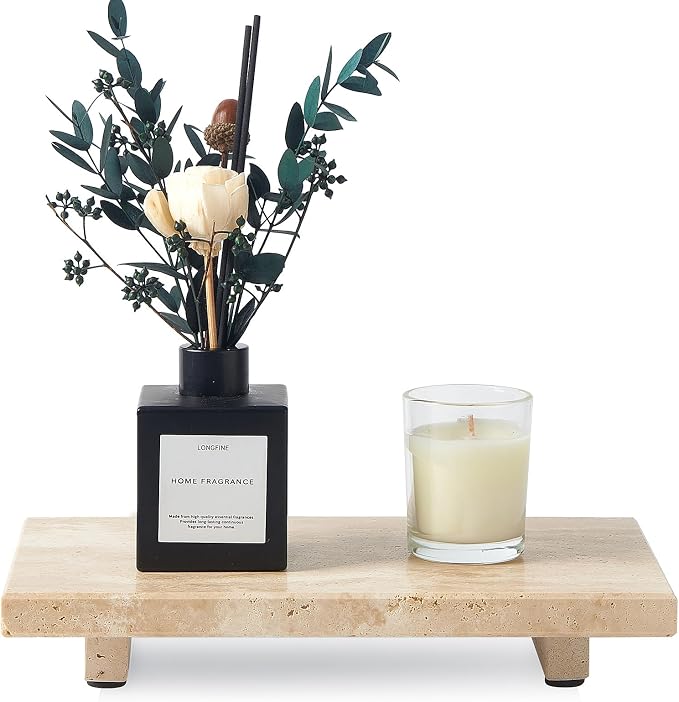 Natural Travertine Tray Pedestal Stand – Soap & Jewelry Riser for Bathroom Counter, Kitchen Sink, Vanity Organizer, Decorative Stone Catchall for Perfume, Candles