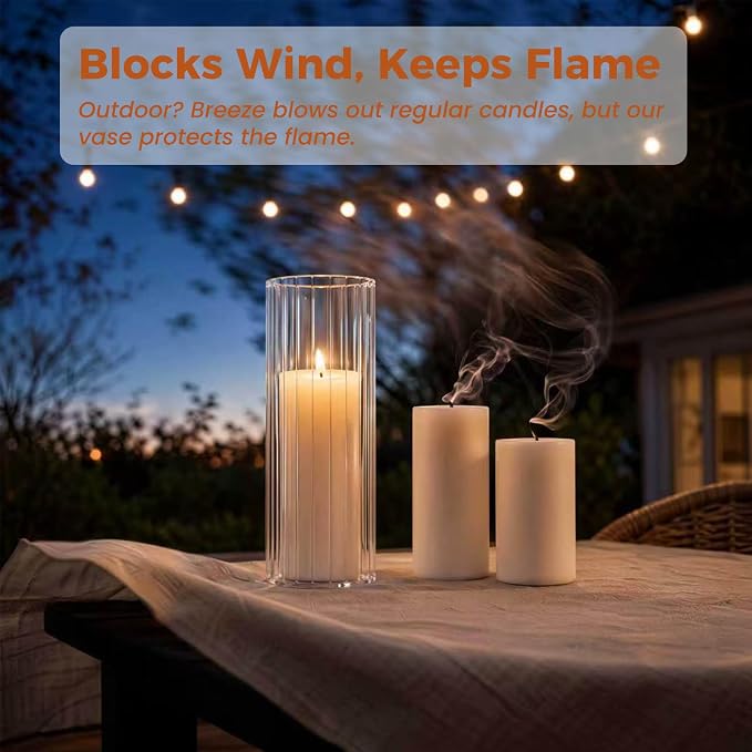 12-Pack White Pillar Candles with Glass Ribbed Cylinder Vases - 6 Vases + 6 Candles, Elegant Candle Holders for Weddings, Events & Home Décor
