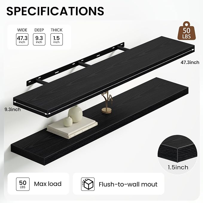 Heimlove Floating Shelves for Wall 48 Inches Long,9.3" Deep Black Floating Shelf Set of 2,Wall Mounted Wood Shelves for Bathroom Bedroom Living Room Kitchen Office,Shelf for Books Storage Room Decor