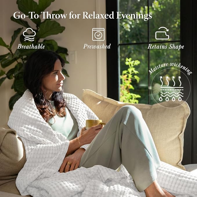 Threadmill Cooling Cotton Waffle Queen Size Blanket | Lightweight Summer Blanket for Hot Sleepers | Rayon Derived from Bamboo | Luxury Throw for Bed, Couch & Sofa | 106 x 92 Inches | Whitee