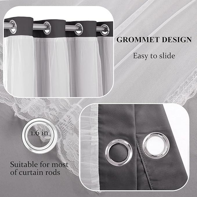 Dark Grey Blackout Curtains 96 Inch Length with White Sheer Voile - Double Layered Mix and Match Nursery Grommet Curtains for Living Room,52 by 96 in, 2 Pieces