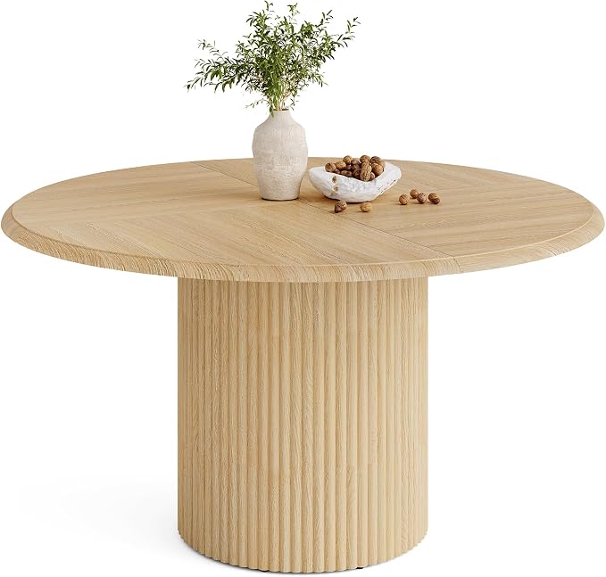 LITTLE TREE 47 Inches Round Dining Table for 4, Farmhouse Natural Wooden Dining Room Table with Heavy Duty Fluted Pedestal, Large Circle Kitchen Dinner Table for Dining Room, Living Room (Table Only)