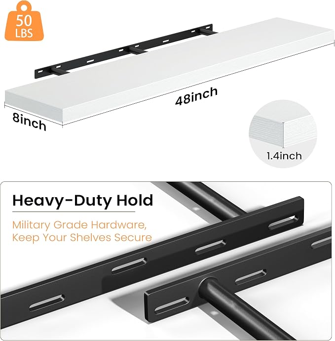 Fun Memories Floating Shelves for Wall, 48 Inch Long Set of 2 Rustic Wood Wall Shelves with Invisible Brackets, Heavy Duty Storage Display for Living Room Bedroom Kitchen, White