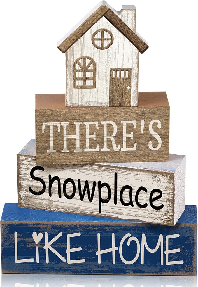 Lineshading 4 Pcs Winter Table Decoration Wooden House Decor Winter Tiered Tray Decor Rustic Decorative House Block Signs Gifts Christmas Centerpieces Farmhouse Sweet Home Decoration for Kitchen Desk
