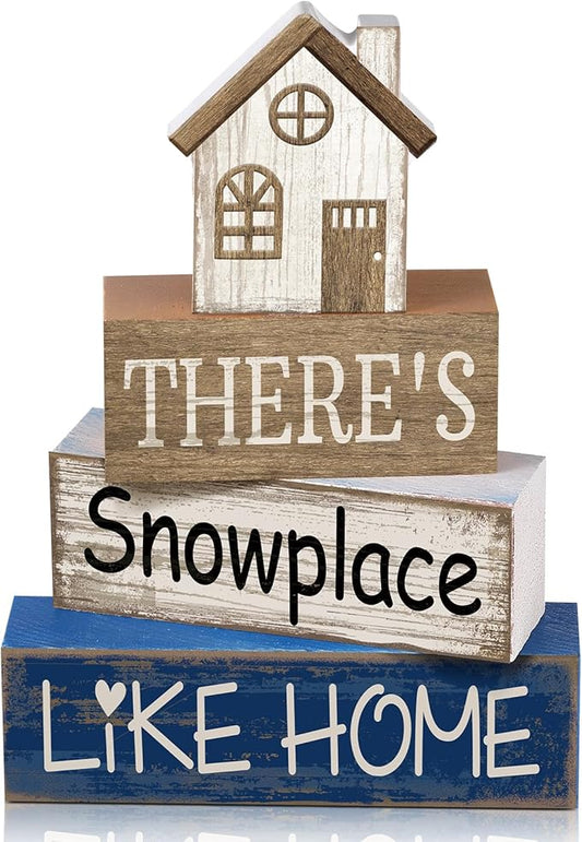 Lineshading 4 Pcs Winter Table Decoration Wooden House Decor Winter Tiered Tray Decor Rustic Decorative House Block Signs Gifts Christmas Centerpieces Farmhouse Sweet Home Decoration for Kitchen Desk