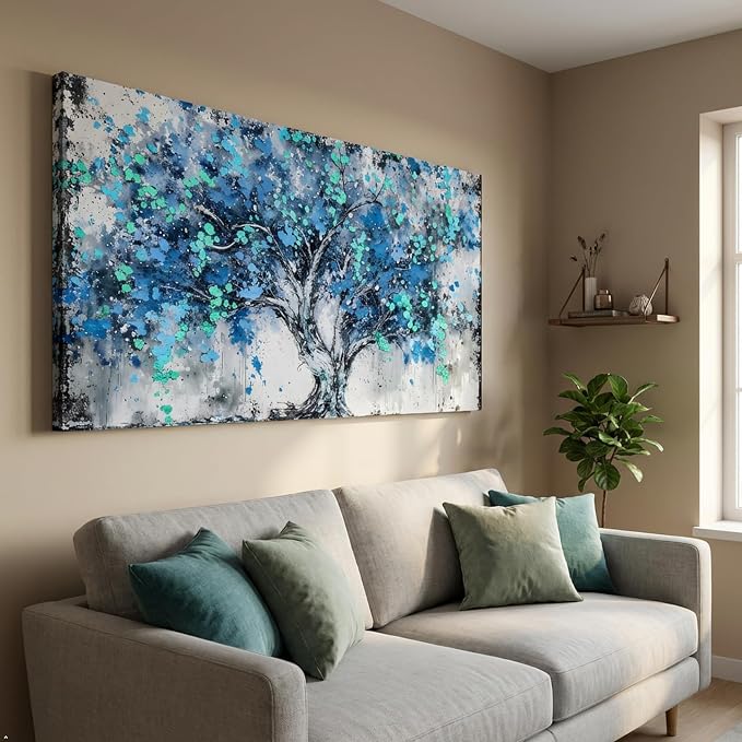 Tree Wall Art Teal Blue Nature Tree of Life Abstract Canvas Painting Textured Picture, Modern Landscape Artwork Framed for Living Room Bedroom Bathroom Office Home Decor 58x28in