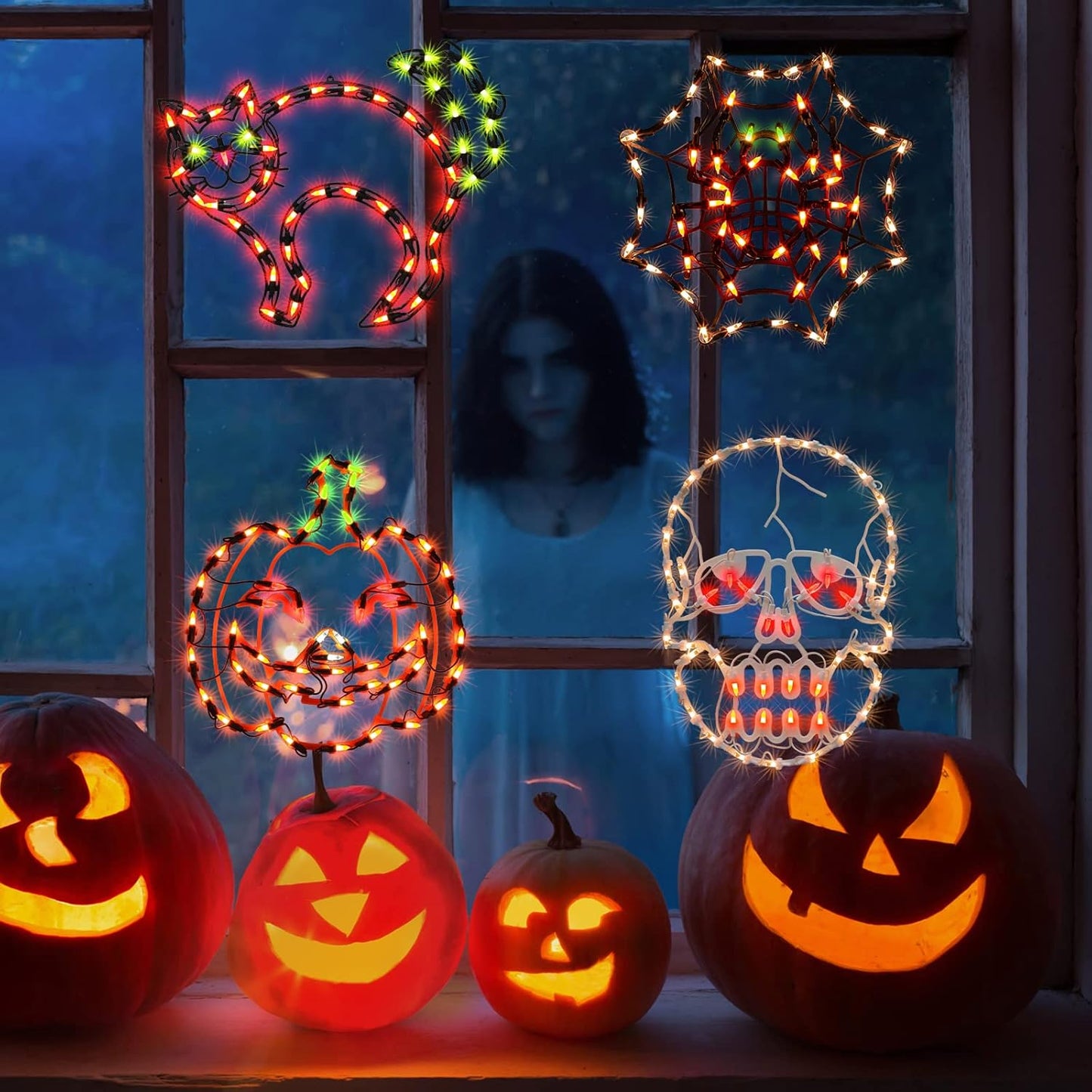 Lighted Spider, Bat, Happy Halloween Window Silhouette Decoration - Light Up Hanging Ornament