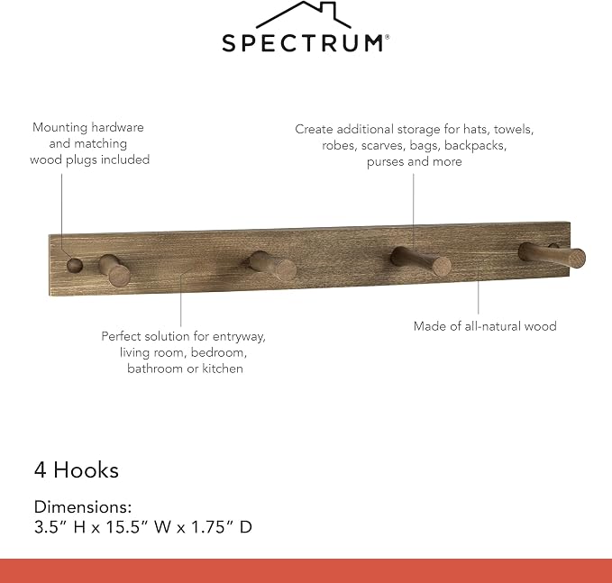 Spectrum Coat Rack Wall Mount 4 Peg Wooden Pegs Organizer for Hanging Coats Hats Bags Towels Jackets Purses, Easy Install Wall Mounted Peg Rack Hanger for Closet Entryway Bedroom Storage, Greige