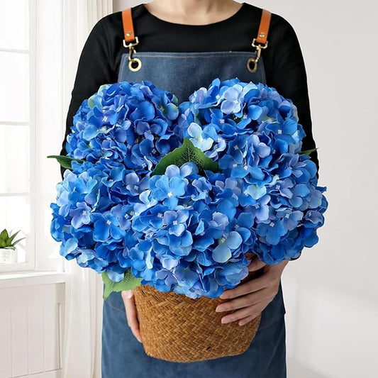 JINWOE Royal Blue Fake Hydrangea Artificial Flowers, 5Pcs 20Inch Large Lifelike Silk Artificial Hydrangeas, Full Fake Flowers for Bouquet Table Centerpieces Wedding Indoor Home