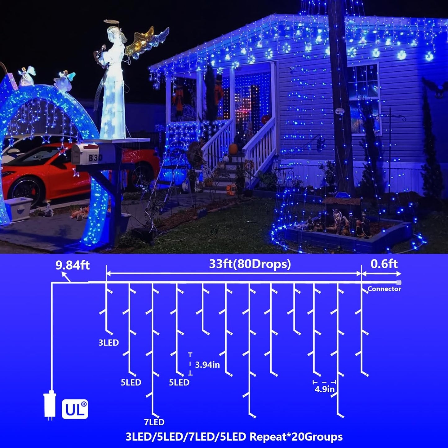 YEGUO 400 LED Blue Icicle Lights Outdoor Waterproof, 33ft 80 Drops Icicle String Lights Connectable, 8 Modes Icicle Christmas Lights with Memory
