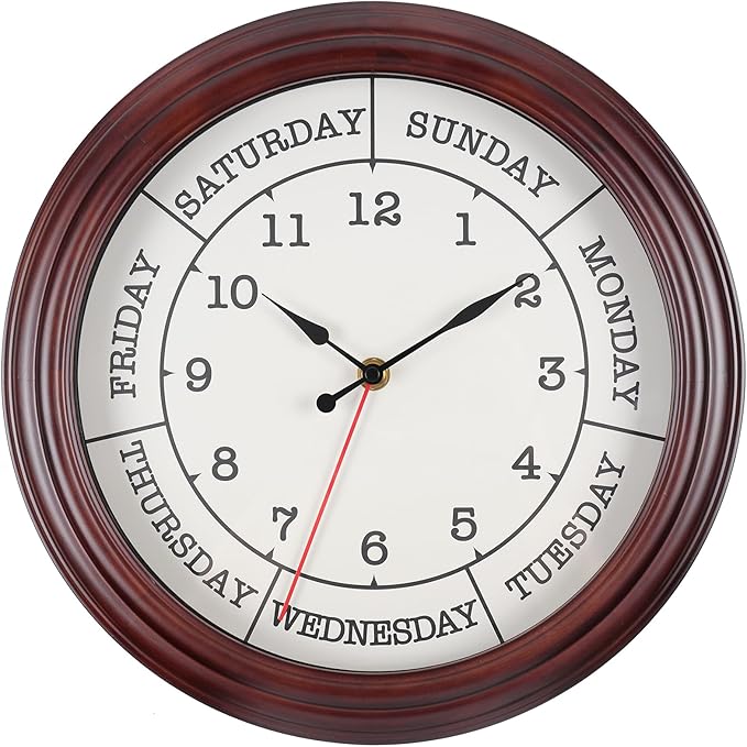 Day of the Week Clock 14 Inch Retirement Wall Clock with Wood Frame for Men Women Red Brown