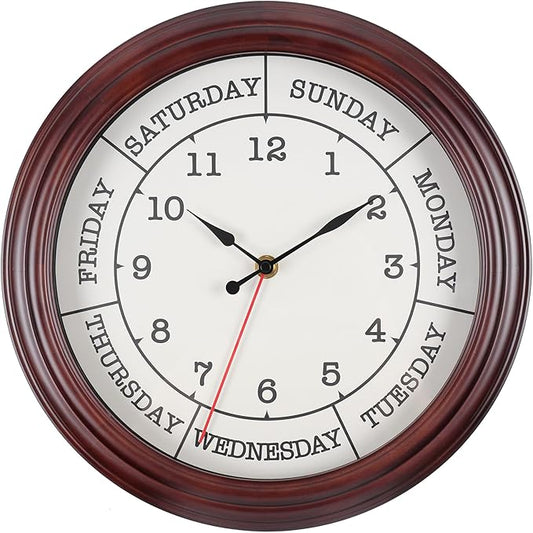Day of the Week Clock 14 Inch Retirement Wall Clock with Wood Frame for Men Women Red Brown