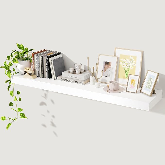 Axeman 48Inch Floating Shelves for Wall, Rustic Wood Shelves for Bedroom, Bathroom, Kitchen, Hanging Wall Mounted Shelf with Invisible Brackets for Books Decor, Set of 1, White