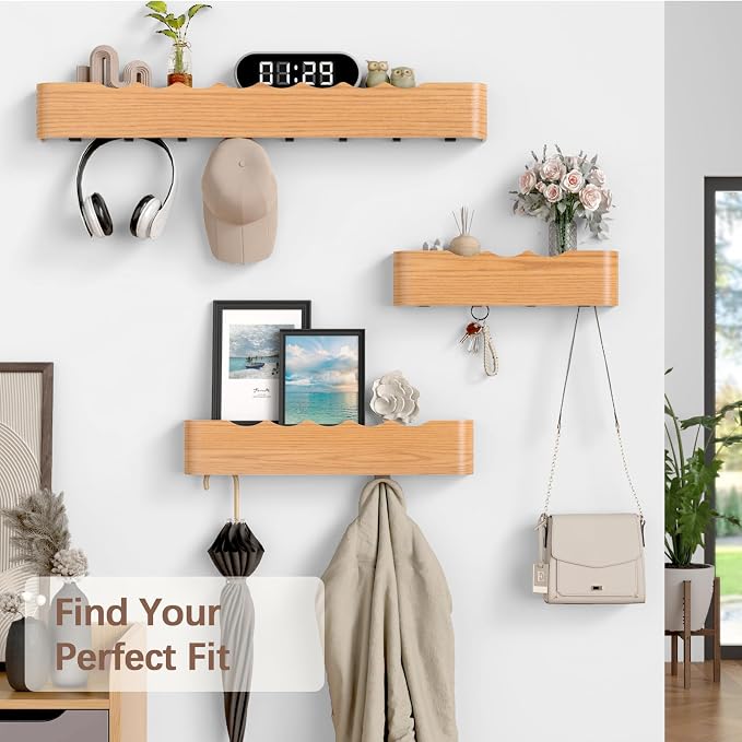 Coat Rack Wall Mount with Hidden Hooks, Wall Hooks with Shelf, Wall Key Holder Mount Wooden Shelf Entryway Hooks for Bedroom Bathroom for Hanging Coats Hats Bags Towels (Oak Wave-Shape, 4 Hooks)