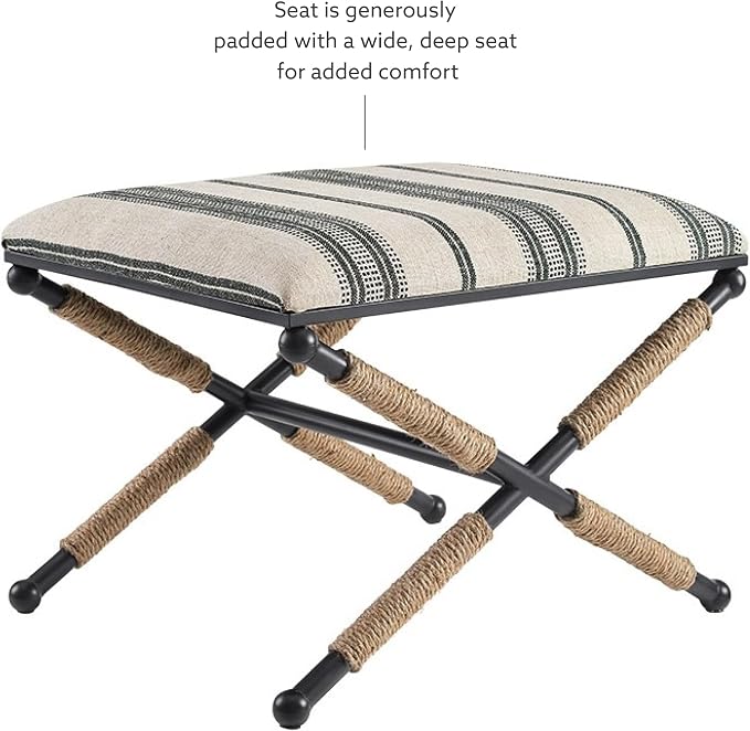 Linon Farrow Black Metal and Natural and Black Stripe Upholstered Campaign Ottoman